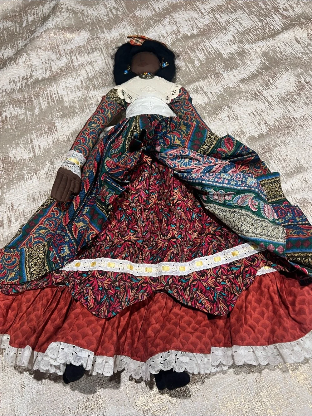 Handmade 22 in Cloth Rag Doll, Dark Girl w/ Black Curly Hair, Victorian